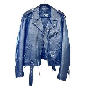 Highway One Biker Jacket Genuine Leather Black 2XL Vintage Western Moto Belted
